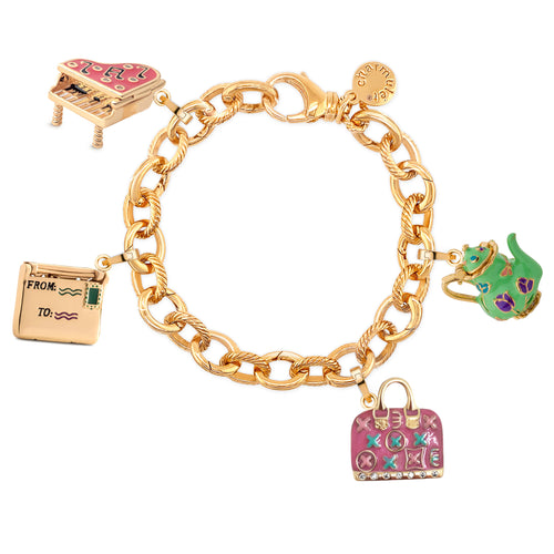 Charm Bracelet 14k Gold Plated With 4 Charms (Green Teapot. Piano, Envelop, Pink Bag , Heart ) - charmulet-2020