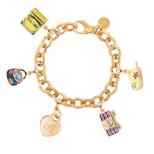 Charm Bracelet 14k Gold Plated With 4 Charms (Phone, Blue Pocketbook, Camera, Crayons,Heart) - charmulet-2020