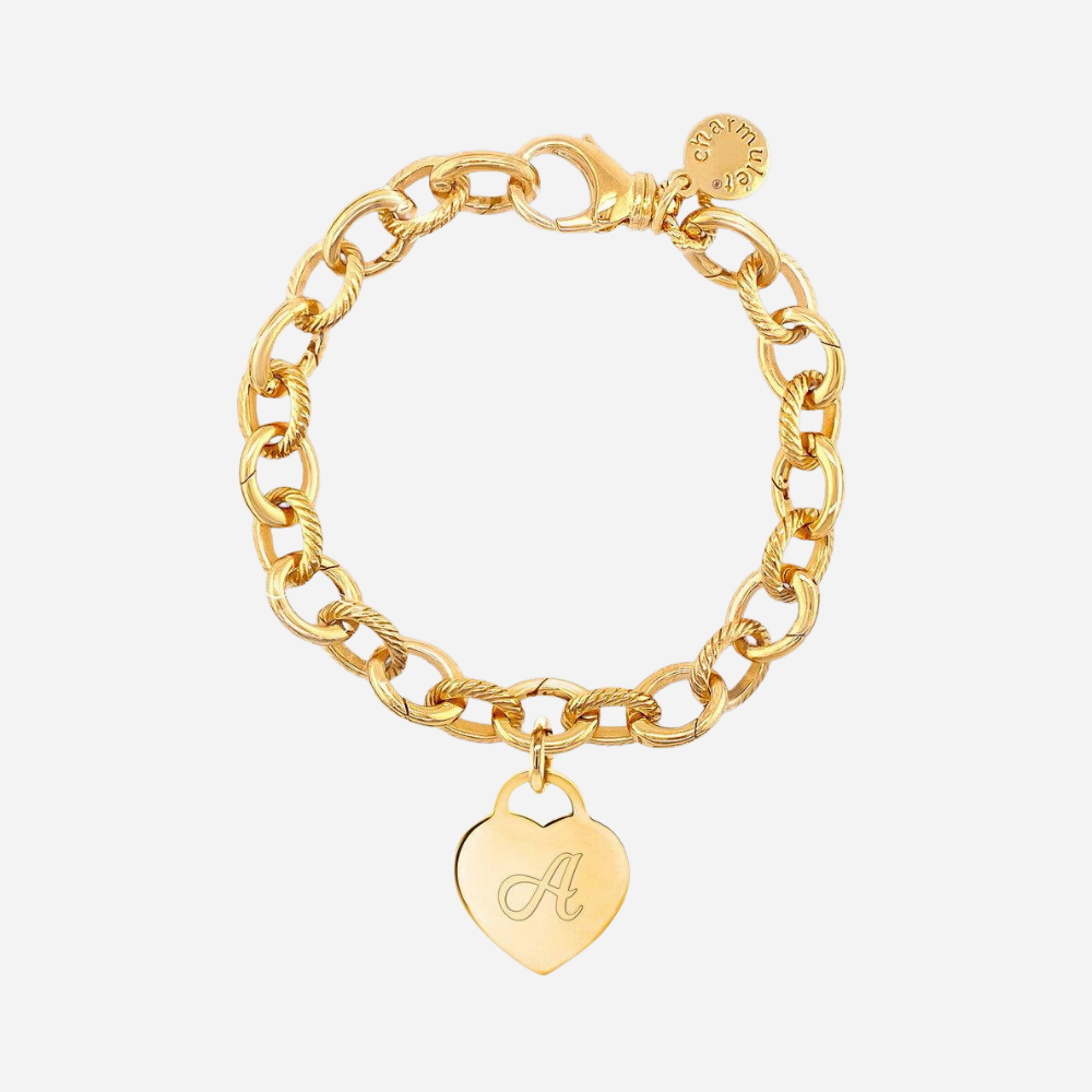 Medium Link 14k Gold Plated Adjustable Hanging Heart Charm Bracelet