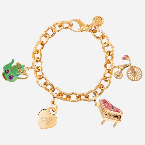 Charm Bracelet 14k Gold Plated With 4 Charms (Green teapot, bicycle, piano, heart) - charmulet-2020