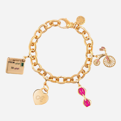 Charm Bracelet 14k Gold Plated With 4 Charms (Enevelop, Heart, Bicycle, Roller) - charmulet-2020