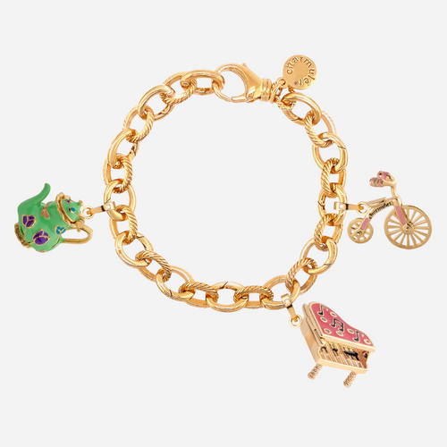 Charm Bracelet 14k Gold Plated With 4 Charms (Bicycle, Piano, Green Teapot) - charmulet-2020