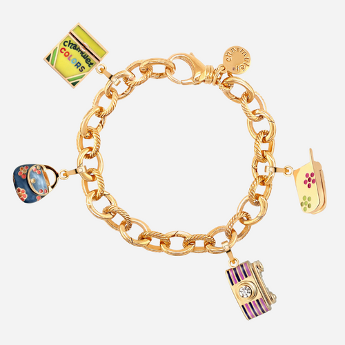 Charm Bracelet 14k Gold Plated With 4 Charms (Blue bag, Camera, Crayons, Cell Phone) - charmulet-2020