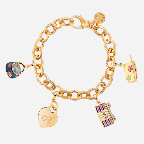 Charm Bracelet 14k Gold Plated With 4 Charms (Cell Phone, Camera, Heart, Blue Pocketbook ) - charmulet-2020