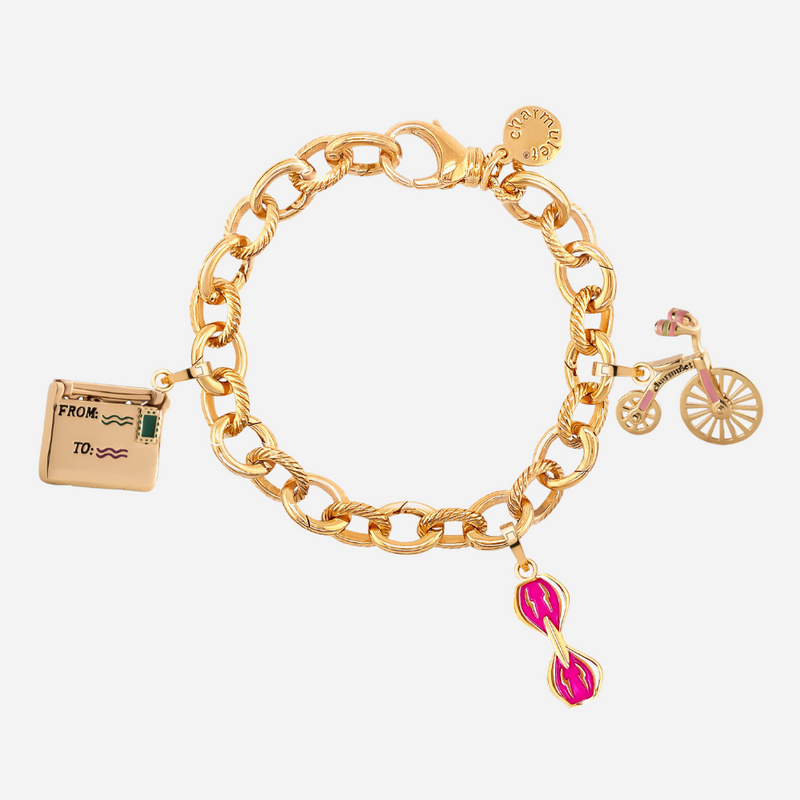 Charm Bracelet 14k Gold Plated With 4 Charms (Enevelop, Bicycle, Roller) - charmulet-2020