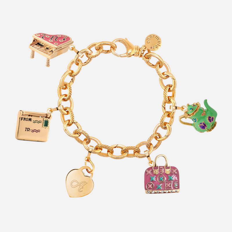 Charm Bracelet 14k Gold Plated With 4 Charms (Green Teapot. Piano, Envelop, Pink Bag , Heart ) - charmulet-2020