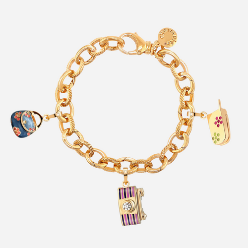 Charm Bracelet 14k Gold Plated With 3 Charms (Blue Petite Pocketbook, Camera, Cell Phone) - charmulet-2020